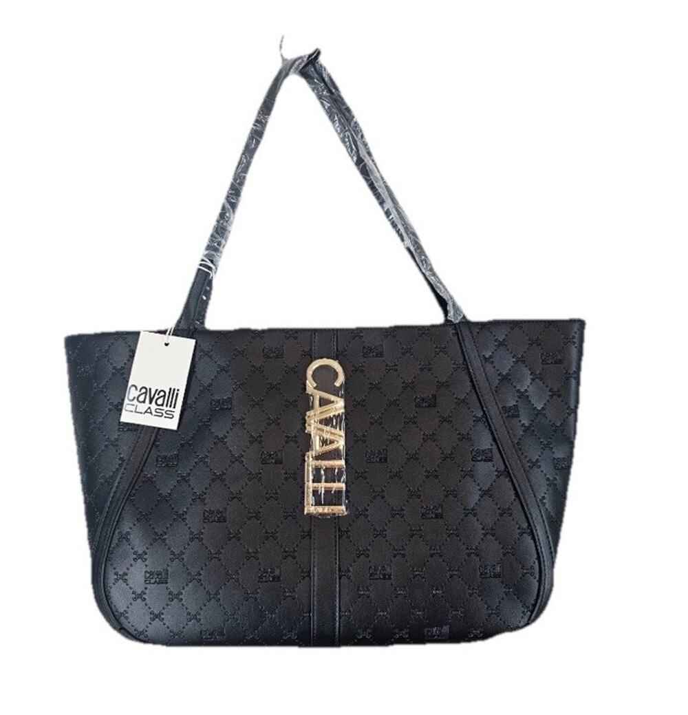 Cavalli Class Sandra Shopper Tote Bag Black Debossed Designer Handbag MSRP $118